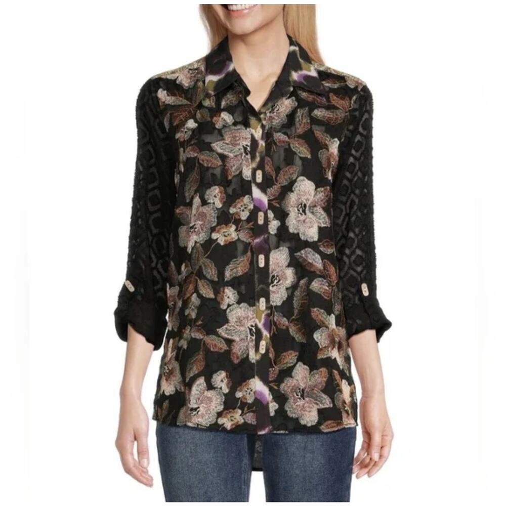 John Mark Blouse Size S Embroidered Floral Jacquard Roll-Tab Sleeves Top Autumn